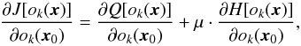 \begin{equation} \frac{\partial J[o_k({\vec{x}})]}{\partial o_k({\vec{x}_0})} = \frac{\partial Q[o_k({\vec{x}})]}{\partial o_k({\vec{x}_0})} + \mu\cdot \frac{\partial H[o_k({\vec{x}})]}{\partial o_k({\vec{x}_0})}, \label{equ:imagerec:equ11b} \end{equation}