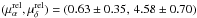 \hbox{$(\mu_{\alpha}^{\text{rel}},\mu_{\delta}^{\text{rel}})=(0.63\pm0.35,\,4.58\pm0.70)\,$}