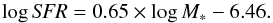 \begin{equation} \log {\it SFR} = 0.65\times \log M_* -6.46. \end{equation}