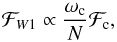 Mathematical equation: \begin{equation} \label{eq:31} \mathcal{F}_{W1} \propto \frac{\omega_{\rm c}}{N} \mathcal{F}_{\rm c} \hbox{,} \end{equation}