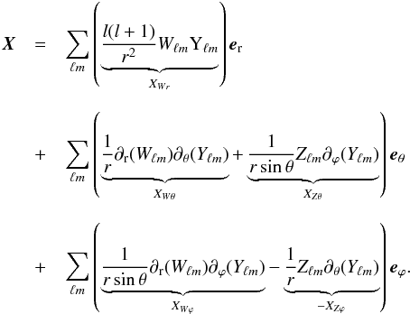 Mathematical equation: \begin{eqnarray} \label{eq:290} \vec{X}&=&\sum_{\ell m}\left(\underbrace{\frac{l(l+1)}{r^2}{W}_{\ell m}\mathrm{Y}_{\ell m}}_{{{X_{{W}r}}}}\right)\vec{e}_{\rm r}\\[2.5mm] \nonumber &+&\sum_{\ell m}\left(\underbrace{\frac{1}{r}\partial_{\rm r}({W}_{\ell m})\partial_\theta({Y}_{\ell m})}_{{{X_{{W}\theta}}}}+\underbrace{\frac{1}{r\sin\theta}{Z}_{\ell m}\partial_\varphi({Y}_{\ell m})}_{{{X_{{Z}\theta}}}}\right)\vec{e}_\theta\\[2.5mm] &+& \sum_{\ell m}\left(\underbrace{\frac{1}{r\sin\theta}\partial_{\rm r}({W}_{\ell m})\partial_\varphi({Y}_{\ell m})}_{{{X_{{W}\varphi}}}}-\underbrace{\frac{1}{r}{Z}_{\ell m}\partial_\theta({Y}_{\ell m})}_{{{-X_{{Z}\varphi}}}}\right)\vec{e}_\varphi \hbox{.}\nonumber \end{eqnarray}