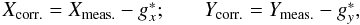 \begin{equation} \label{eq:gg} \begin{array}{ll} X_{\rm corr.} = X_{\rm meas.} - g_x^*; \quad & Y_{\rm corr.} = Y_{\rm meas.} - g_y^*, \end{array} \end{equation}