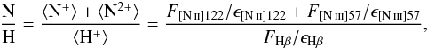 \begin{eqnarray} \frac{{\rm N}}{{\rm H}} = \frac{{\rm \langle}{\rm N}^{+}{\rm \rangle}+{\rm \langle}{\rm N}^{2+}{\rm \rangle}}{{\rm \langle}{\rm H}^{+}{\rm \rangle}} = \frac{F_{[\ion{N}{II}]122}/\epsilon_{[\ion{N}{II}]122}+ F_{[\ion{N}{III}]57}/\epsilon_{[\ion{N}{III}]57}}{F_{\rm H\beta}/\epsilon_{\rm H\beta}}, \label{n/h} \end{eqnarray}
