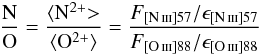 \begin{eqnarray} \frac{{\rm N}}{{\rm O}} =\frac{{\rm \langle}{\rm N}^{2+}{\rm >}}{{\rm \langle}{\rm O}^{2+}{\rm \rangle}}= \frac{F_{[\ion{N}{III}]57}/\epsilon_{[\ion{N}{III}]57}}{F_{[\ion{O}{III}]88}/\epsilon_{[\ion{O}{III}]88}} \label{n/o} \end{eqnarray}