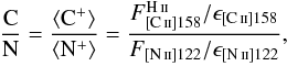 \begin{eqnarray} \frac{{\rm C}}{{\rm N}} = \frac{{\rm \langle}{\rm C}^{+}{\rm \rangle}}{{\rm \langle}{\rm N}^{+}{\rm \rangle}} = \frac{F_{[\ion{C}{II}]158}^{\ion{H}{II}}/\epsilon_{[\ion{C}{II}]158}}{F_{[\ion{N}{II}]122}/\epsilon_{[\ion{N}{II}]122}}, \label{c/n} \end{eqnarray}