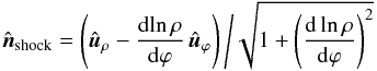 \begin{equation} \label{eq_n} \ns = \left(\ur -\frac{\rmd \!\ln \rho}{\rmd \varphi} \, \up \right) \left/ \sqrt{1+\left(\frac{\rmd \ln \rho}{\rmd \varphi} \right)^2 } \right. \end{equation}