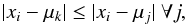 \begin{equation} |x_i-\mu_k| \leq |x_i-\mu_j|~ \forall j, \end{equation}