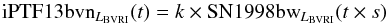 \begin{equation} \mathrm{iPTF13bvn}_{L_\mathrm{{BVRI}}}(t)=k \times \mathrm{SN1998bw}_{L_\mathrm{{BVRI}}}(t\times s) \end{equation}