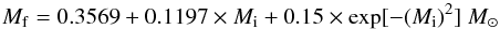 Mathematical equation: \begin{equation} M_{\rm f} = 0.3569 + 0.1197\times M_{\rm i} + 0.15\times \exp[-(M_{\rm i})^2]\ {M_{\sun}} \label{IFM} \end{equation}