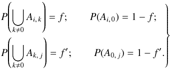 Mathematical equation: \begin{equation} \label{def_f} \Left. \begin{aligned} &\Prob\Left(\bigcup_{k\neq0} A_{i\comma k}\Right) = f; \qquad \Prob(A_{i\comma 0}) = 1-f; \\ &\Prob\Left(\bigcup_{k\neq0} A_{k\comma j}\Right) = f'; \qquad \Prob(A_{0\comma j}) = 1-f'. \end{aligned} \Right\} \end{equation}