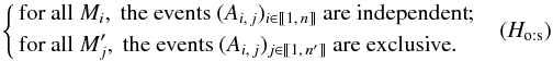 Mathematical equation: \begin{eqnarray*} \Left\{ \begin{aligned} &\text{for all }M_i,\text{ the events }(A_{i\comma j})_{i\in\integinterv{1}{n}} \text{ are independent}; \\ &\text{for all }\Mp_j,\text{ the events }(A_{i\comma j})_{j\in\integinterv{1}{\np}} \text{ are exclusive}. \end{aligned} \Right. \quad({H_\ots}) \end{eqnarray*}