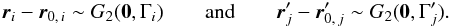 Mathematical equation: \appendix \setcounter{section}{1} \begin{equation} \label{r_i,r_j} \vec r_i - \vrzi \sim G_2(\vec 0,\Gamma_i) \qquad\text{and}\qquad \vrpj - \vrpzj \sim G_2(\vec 0,\Gammapj). \end{equation}