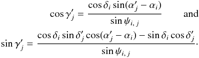 Mathematical equation: \appendix \setcounter{section}{1} \begin{eqnarray} \cos\gammapj = \frac{\cos\delta_i\multspace \sin(\alphapj-\alpha_i)}{\sin\psi_{i\comma j}} \qquad \text{and}\nonumber \\ \sin\gammapj = \frac{\cos\delta_i\multspace \sin\deltapj\cos(\alphapj-\alpha_i) - \sin\delta_i\multspace \cos\deltapj}{\sin\psi_{i\comma j}}\cdot \end{eqnarray}