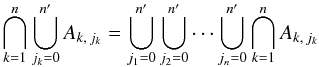 Mathematical equation: \begin{equation} \bigcap_{k=1}^n\bigcup_{j_k=0}^\np A_{k\comma j_k} = \bigcup_{j_1=0}^\np\bigcup_{j_2=0}^\np\cdots\bigcup_{j_n=0}^\np \bigcap_{k=1}^n A_{k\comma j_k} \end{equation}