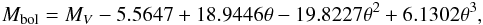 Mathematical equation: \begin{eqnarray} M_{\rm bol}=M_V-5.5647+18.9446\theta-19.8227\theta^{2}+6.1302\theta^{3}, \end{eqnarray}