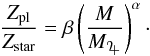 Mathematical equation: \begin{equation} \label{eq:fitzpzstar} \frac{\zp}{\zstar} =\beta \left(\frac{M}{\mj}\right)^{\alpha}\cdot \end{equation}