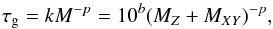 Mathematical equation: \appendix \setcounter{section}{1} \begin{equation} \label{eq:tkh} \tg=k M^{-p}=10^{b}(\mz+\mxy)^{-p}, \end{equation}