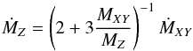 Mathematical equation: \appendix \setcounter{section}{1} \begin{equation} \label{eq:dotmz} \dot{M}_{Z}=\left(2+3\frac{\mxy}{\mz}\right)^{-1}\dot{M}_{XY} \end{equation}