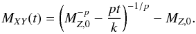 Mathematical equation: \appendix \setcounter{section}{1} \begin{equation} \label{eq:mxymcoreno} \mxy(t)=\left(\mzn^{-p}-\frac{p t}{k}\right)^{-1/p}-\mzn. \end{equation}