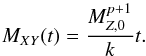 Mathematical equation: \appendix \setcounter{section}{1} \begin{equation} \label{eq:mxymcorenos} \mxy(t)=\frac{\mzn^{p+1}}{k}t. \end{equation}