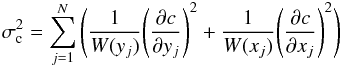 Mathematical equation: \begin{equation} \sigma_{\rm c}^2=\sum_{j=1}^{N} \Bigg( \frac{1}{W(y_j)} \Bigg(\frac{\partial c}{\partial y_j} \Bigg)^2 +\frac{1}{W(x_j)} \Bigg(\frac{\partial c}{\partial x_j}\Bigg)^2 \Bigg) \end{equation}
