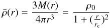 Mathematical equation: \begin{equation} \bar{\rho}(r)=\frac{3 M(r)}{4 \pi r^3}=\frac{\rho_{0}}{1+({\frac{r}{r_{\rm c}}})^2} \end{equation}