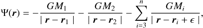 Mathematical equation: \begin{eqnarray} \label{eqpotdisc} \Psi(\vec{r})=-\frac{GM_1}{\mid \vec{r} - \vec{r}_1\mid}-\frac{GM_2}{\mid \vec{r} - \vec{r}_2\mid} - \sum_{i=3}^n \frac{GM_i}{\mid \vec{r} - \vec{r}_i + \epsilon \mid}, \end{eqnarray}