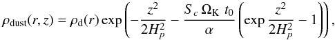 Mathematical equation: \begin{equation} \rho_{\rm dust}(r,z)=\rho_{\rm d}(r) \exp\left( -\frac{z^2}{2H_p^2} - \frac{S_c\,\Omega_{\rm K}\,\, t_0}{\alpha} \left(\exp\frac{z^2}{2H_p^2}-1\right) \right), \end{equation}