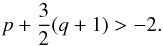 Mathematical equation: \appendix \setcounter{section}{1} \begin{equation} p+\frac{3}{2}(q+1) > -2 . \end{equation}