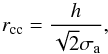 Mathematical equation: \begin{equation} r_\mathrm{cc} = \frac{h}{\sqrt{2}\sigma_\mathrm{a}} , \label{eq:rv:rcc_statistics} \end{equation}