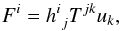 Mathematical equation: \appendix \setcounter{section}{1} \begin{equation} F^{i}=h_{\ j}^{i}T^{jk}u_{k} , \end{equation}