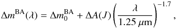 Mathematical equation: \begin{equation} \Delta m^{\mathrm{BA}}(\lambda) = \Delta m_{\mathrm{0}}^{\mathrm{BA}}+\Delta A(J)\left(\frac{\lambda}{1.25~\mu \rm m}\right)^{-1.7}, \label{magdiffnir} \end{equation}