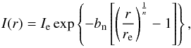 Mathematical equation: \begin{equation} I(r)=I_{\mathrm{e}}\exp\left\{-b_{\mathrm{n}} \left[\left(\frac{r}{r_{\mathrm{ e}}}\right)^{\frac{1}{n}}-1\right]\right\} \label{sersic}, \end{equation}