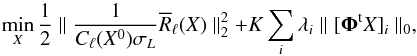 Mathematical equation: \begin{equation} \min\limits_X \frac{1}{2} \parallel \frac{1}{C_\ell(X^0) \sigma_L} \overline{R}_\ell(X) \parallel_2^2 + K \sum_i \lambda_i \parallel [ \mathbf{\Phi}^{\rm t} X ]_i \parallel_0, \label{eq:bp-lagragian-regularised} \end{equation}
