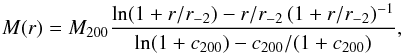 Mathematical equation: \begin{equation} M(r)=\mvir {\ln(1+r/\rs)-r/\rs \, (1+r/\rs)^{-1} \over \ln(1+\cvir)-\cvir/(1+\cvir)}, \end{equation}