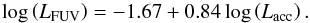 Mathematical equation: \begin{equation} \label{trial} \log \left(L_{\rm FUV}\right) = -1.67 + 0.84 \log \left(L_{\rm acc}\right). \end{equation}