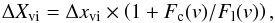 Mathematical equation: \begin{equation} \Delta X_{\rm vi} = \Delta x_{\rm vi}\times \left(1+F_{\rm c}(v)/F_{\rm l}(v)\right), \end{equation}