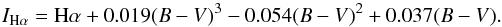 Mathematical equation: \appendix \setcounter{section}{1} \begin{equation} I_{\rm H\alpha} = \hbox{H}\alpha + 0.019(B-V)^3 - 0.054(B-V)^2 + 0.037(B-V). \end{equation}