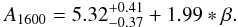 Mathematical equation: \begin{eqnarray} \label{betaformula} A_{1600}=5.32^{+0.41}_{-0.37}+1.99*\beta. \end{eqnarray}