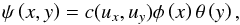 Mathematical equation: \begin{equation} \psi \left(x, y\right) = c(u_x, u_y) \phi\left(x\right) \theta\left(y\right), \label{eq:pdf} \end{equation}