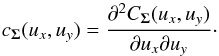 Mathematical equation: \begin{equation} \label{eq:c} c_{\Sigmab}(u_x, u_y) = \frac{\partial^2 C_{\Sigmab}(u_x, u_y)}{\partial u_x \partial u_y}\cdot \end{equation}