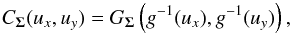 Mathematical equation: \begin{equation} \label{eq:C} C_{\Sigmab}(u_x, u_y ) = G_{\Sigmab} \left( g^{-1}(u_x), g^{-1}(u_y) \right), \end{equation}
