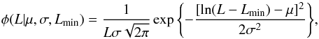 Mathematical equation: \begin{equation} \phi(L | \mu, \sigma, L_{\rm min}) = \frac{1}{L \sigma \sqrt{2 \pi}} \exp{\left\{ -\frac{[\ln(L-L_{\rm min})-\mu]^2}{2 \sigma^2} \right\}}, \label{LFopt} \end{equation}