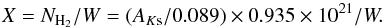 Mathematical equation: \begin{equation} X=N_{\rm H_2}/W=(A_{K\rm s}/0.089) \times 0.935 \times 10^{21} / W. \end{equation}