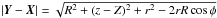 Mathematical equation: \hbox{$\abs{\vec{Y}-\vec{X}}=\sqrt{R^2+(z-Z)^2+r^2-2rR\cos{\phi}}$}
