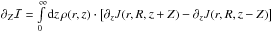 Mathematical equation: \hbox{$\partial_Z\mathcal{I}=\int\limits_{0}^{\infty} \ud{z}\, \rho(r,z)\cdot\sq{\partial_zJ(r,R,z+Z)-\partial_zJ(r,R,z-Z)}$}