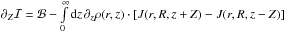 Mathematical equation: \hbox{$\textstyle \partial_Z\mathcal{I}=\mathcal{B}-\int\limits_{0}^{\infty} \ud{z}\,\partial_z\rho(r,z)\cdot\sq{J(r,R,z+Z)-J(r,R,z-Z)}$}