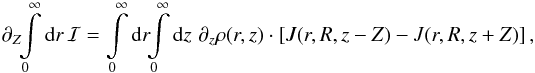 Mathematical equation: \appendix \setcounter{section}{0} \begin{eqnarray*} \partial_Z\!\!\int\limits_{0}^{\infty}\ud{r}\,\mathcal{I}= \int\limits_{0}^{\infty} \ud{r}\!\! \int\limits_{0}^{\infty} \ud{z}\,\, \partial_z\rho(r,z)\cdot\sq{J(r,R,z-Z)-J(r,R,z+Z)}, \end{eqnarray*}