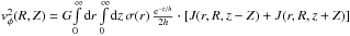 Mathematical equation: \hbox{$ v^2_{\phi}(R,Z)=G\! \int\limits_{0}^{\infty} \ud{r} \int\limits_{0}^{\infty} \ud{z}\, \sigma(r)\,\frac{\exp{-z/h}}{2h}\cdot\sq{J(r,R,z-Z)+J(r,R,z+Z)}$}