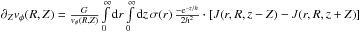 Mathematical equation: \hbox{$\partial_Zv_{\phi}(R,Z)=\frac{G}{v_{\phi}(R,Z)} \int\limits_{0}^{\infty} \ud{r} \int\limits_{0}^{\infty} \ud{z} \,\sigma(r)\,\frac{-\exp{-z/h}}{2h^2}\cdot\sq{J(r,R,z-Z)-J(r,R,z+Z)}$}